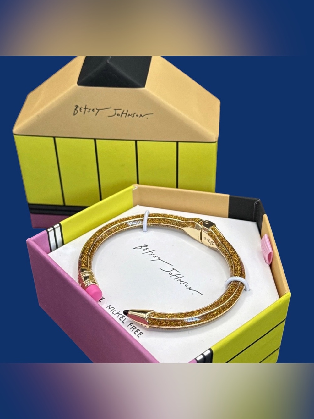 Betsey Johnson Gold Glitter Pencil Bangle with Pink Tip Accent